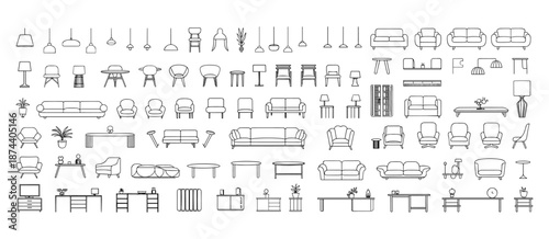 Furniture outline front and top view architectural designs. Set of isolated linear interior icons. Vector elements for apartments, living room, bedroom, kitchen, bathroom.