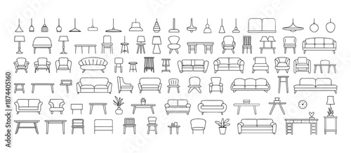 Furniture outline front and top view architectural designs. Set of isolated linear interior icons. Vector elements for apartments, living room, bedroom, kitchen, bathroom.