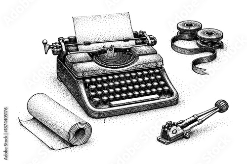 Vintage typewriter set with pointillism art style and accessories