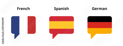 Set of three european flags speech bubbles. French, Spanish, German language concept. Vector Illustration