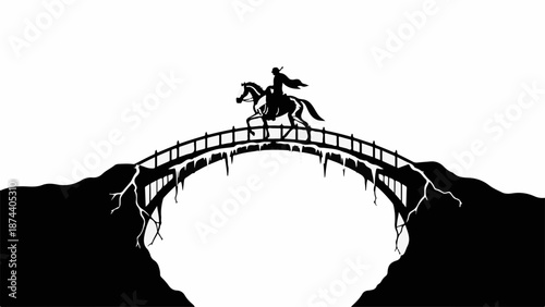 Lone rider on horseback crosses a dramatic, icy bridge over a chasm, evoking a sense of journey and mystery.