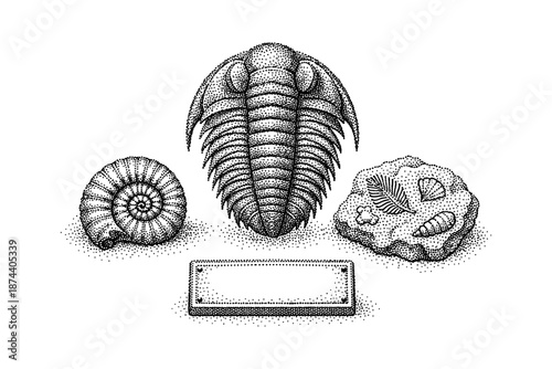 Detailed stippling of fossils featuring trilobite, ammonite, and petrified shells