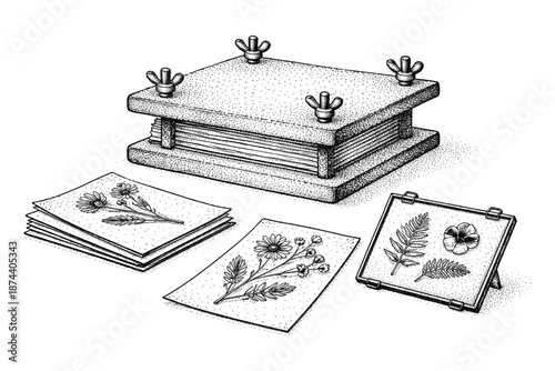 Botanical art: detailed black and white sketch of pressed flower collection and wooden press