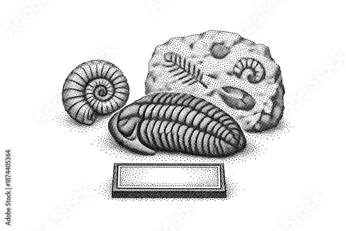 Detailed retro fossils in pointillism style with blank nameplate for customization