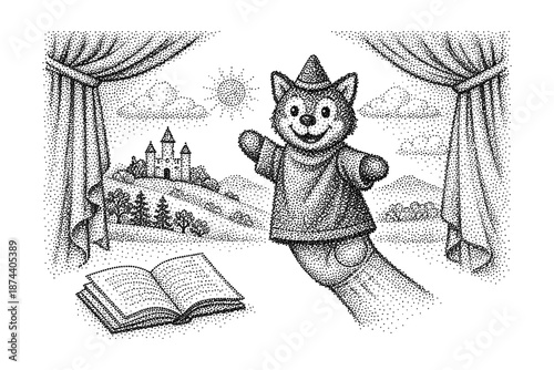 Vintage dot art: whimsical puppet scene with castle and book backdrop