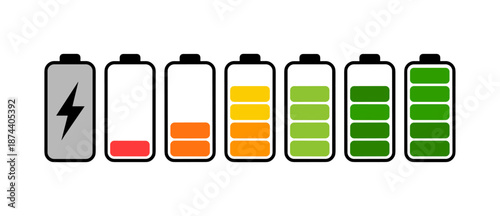 Battery level indicators. Colorful battery charge level icons. Battery power level pictograms in outline style. Vector