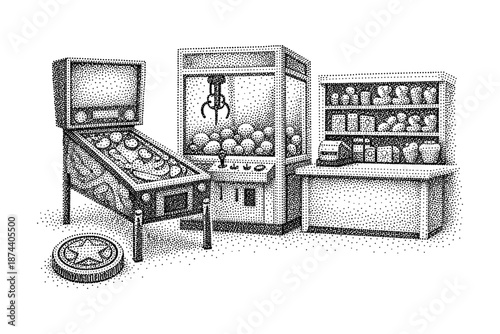 Retro arcade games in halftone style featuring pinball machine and prize claw