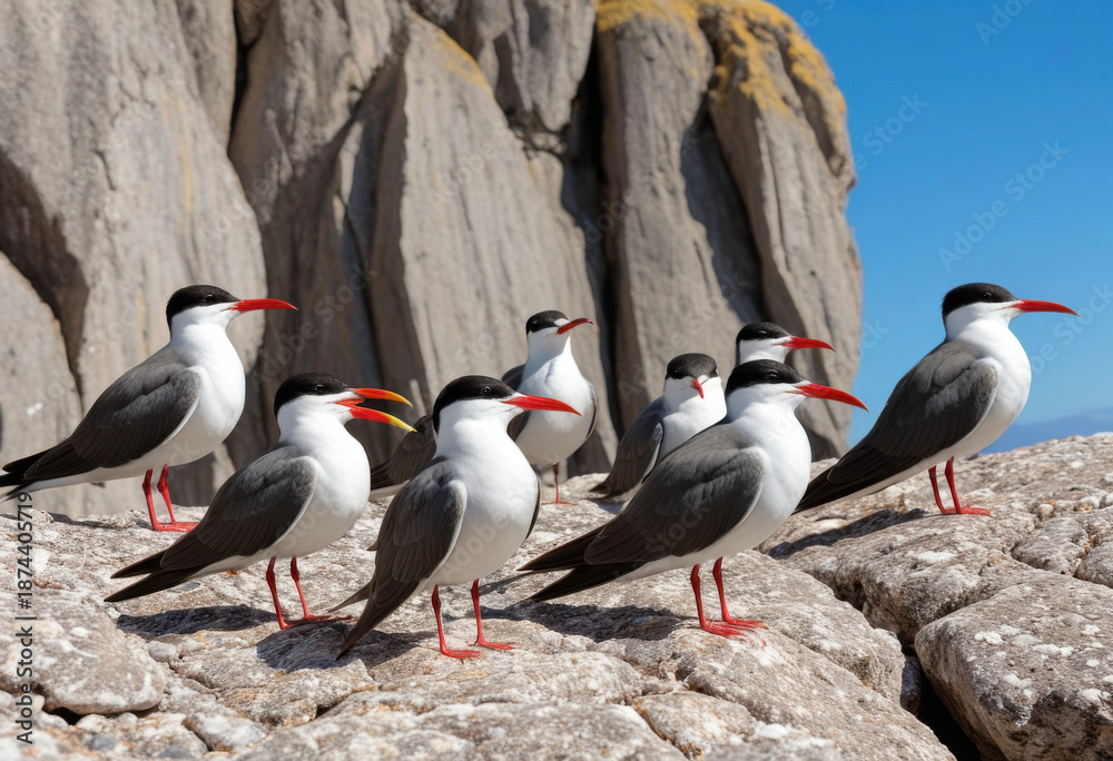 Fototapeta premium Group of social Inca Terns, nesting on a rocky cliff, sunny day