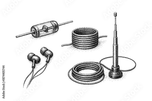Detailed dotwork electronics: fuse, cables, antenna, earbuds in stipple style