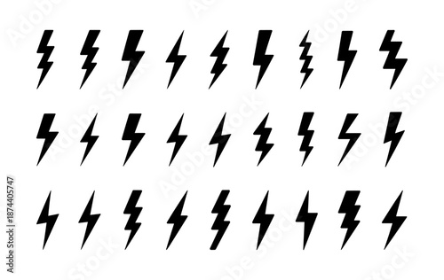 Lightning bolt icon. Flash symbol, thunderbolt, blitz lightnings strike sign. Electric energy black silhouettes, power concept. Vector isolated dynamic sports logo set