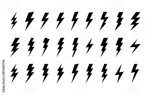 Lightning bolt icon. Flash symbol, thunderbolt, blitz lightnings strike sign. Electric energy black silhouettes, power concept. Vector isolated dynamic sports logo set
