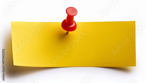 yellow sticky post it note with red pushpin isolated on white background