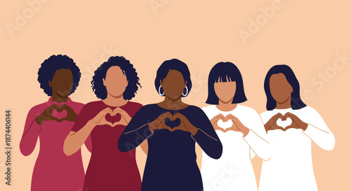 Diverse women creating heart shapes with hands symbolizing unity and affection against a warm, minimalist backdrop for inspirational graphic design