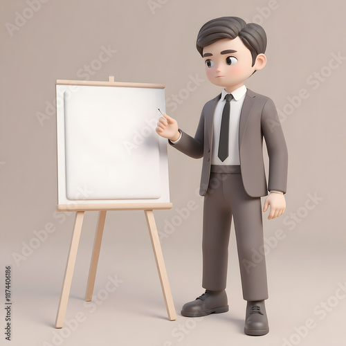 3D Cartoon Businessman with Blank Presentation Board on Easel｜3Dカートゥーンビジネスマンと空白のプレゼンボード