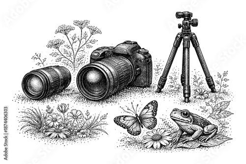 Detailed pen sketch of camera, lens, tripod, frog, and nature elements