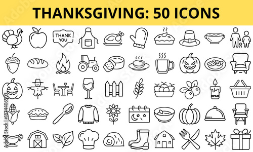 Thanksgiving icons collection featuring food, drinks, and decorations  