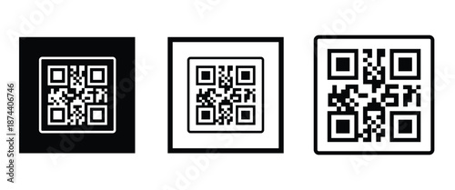 Three bold black square frames, each containing a classic black and white QR code pattern. Clean, minimalist vector design arranged horizontally on transparent background. Ideal for tech branding.