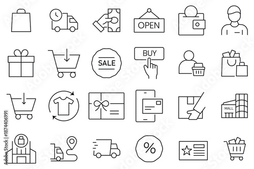 Shopping icon set. Out line icon of store, delivery, promotion and shopping cart symbol, cart, market, buyer, purchase, goods. Vector illustration. 