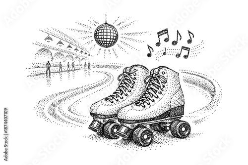 Retro roller skate rink with disco ball and music notes in dot art style