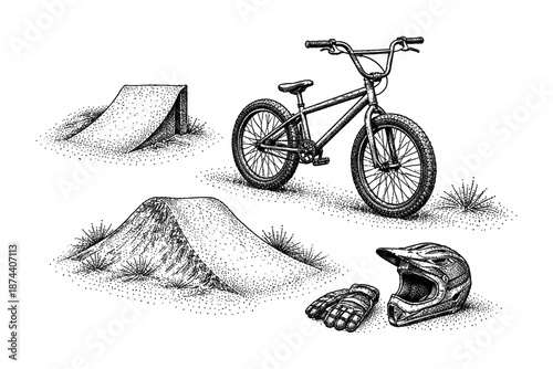 Detailed bmx bike and gear with dirt ramps and helmet in stipple art style