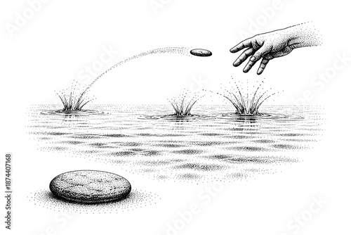 Skimming stone on water hand-drawn stipple art with splash effect