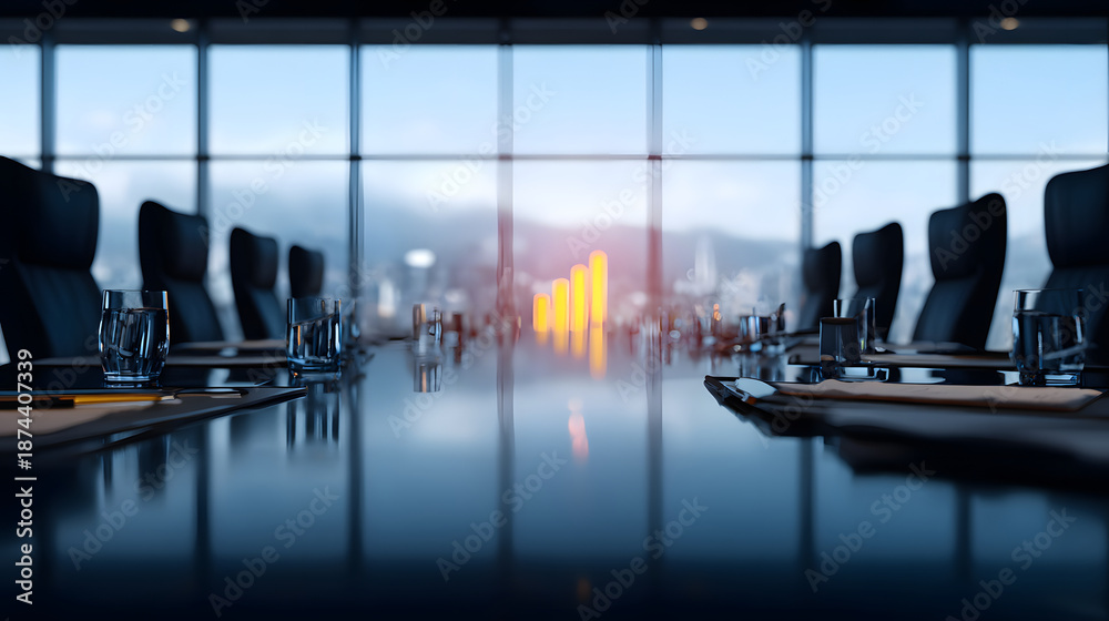 Obraz premium Conference room boardroom meeting table glass city view sunrise growth chart blurred business strategy with calm focus and purpose