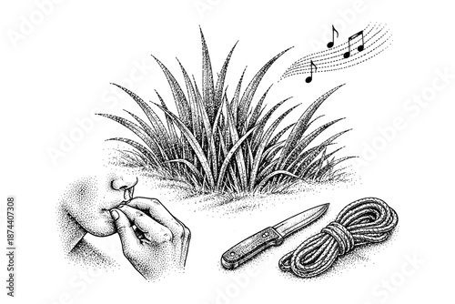Whistling secret and survival tools: knife, rope, and tall grass with melody notes