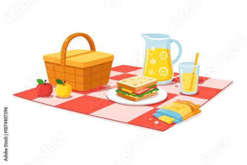 Colorful picnic scene with basket, sandwich, juice, and fruits on checkered blanket