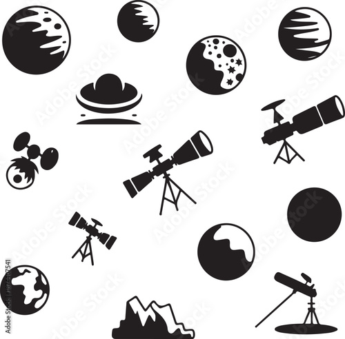 black and white illustration of astronomy icons and planets