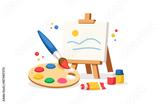 Art supplies with easel, palette, paints, and brush in colorful flat design