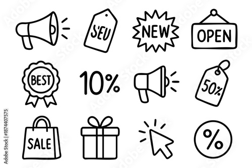 Sale, discount and marketing promotion doodle icon set in minimal black and white outline doodle style