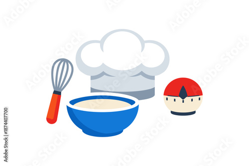 Culinary tools: whisk, bowl, chef hat, and timer icon in flat style