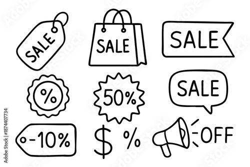 Sale, discount and marketing promotion doodle icon set in minimal black and white outline doodle style