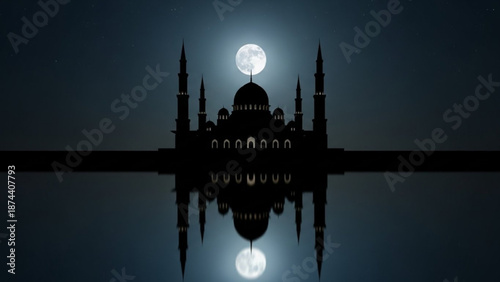 A serene silhouette of a mosque under a full moon with reflection in water