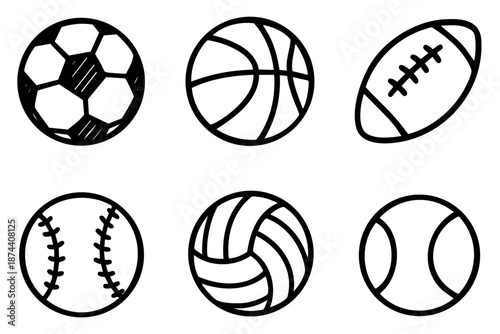 Sport balls hand drawn doodle icon set in simple black and white outline style
