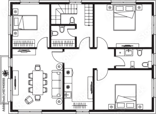 Architectural floor plan of a modern residence, showcasing a detailed layout with rooms, stairs and furnishings.