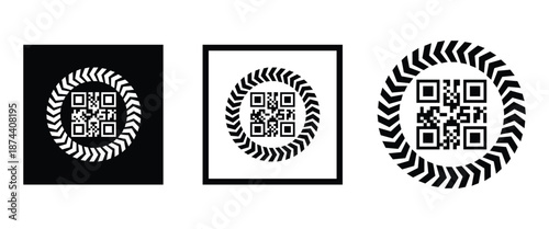 Three bold black square frames, each containing a classic black and white QR code pattern. Clean, minimalist vector design arranged horizontally on transparent background. Ideal for tech branding.