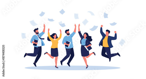 Excited diverse business team celebrates successful project completion by jumping together and throwing documents in the air.