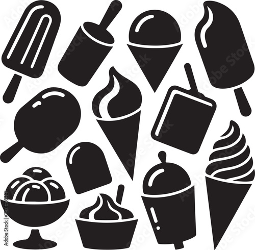 black and white illustration of various ice cream types and flavors