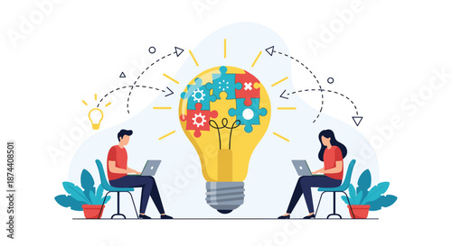 Creative team collaborates on innovative ideas by working on laptops around a giant lightbulb filled with puzzle pieces.