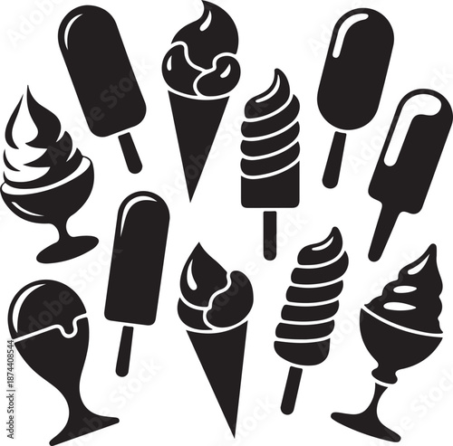 black and white illustration of various ice cream types and frozen treats