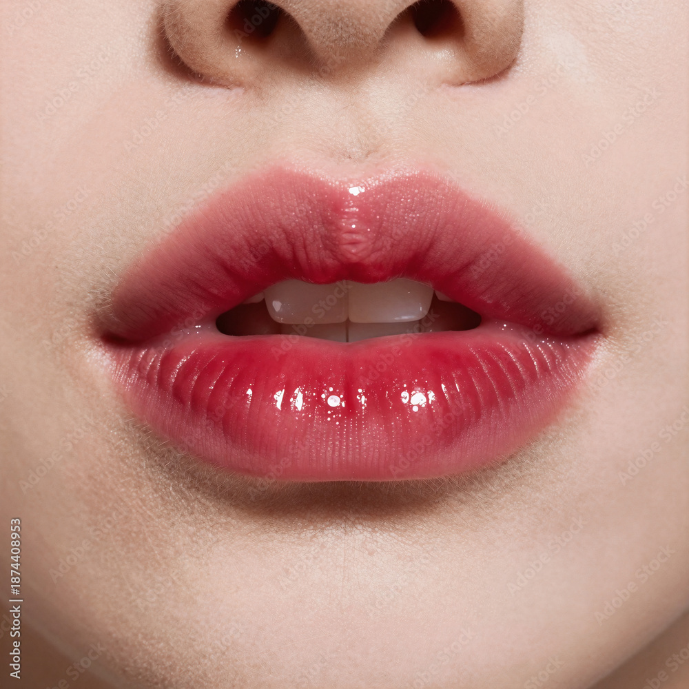 Obraz premium Red lipstick accentuates a pink kiss on the lips