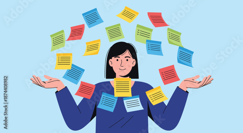 Stressed but focused office worker manages multiple tasks and ideas represented by many colorful sticky notes floating around her.