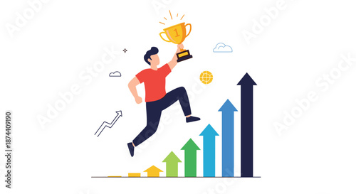 Determined businessman reaches the top of a colorful bar chart staircase to celebrate his victory with a golden trophy.