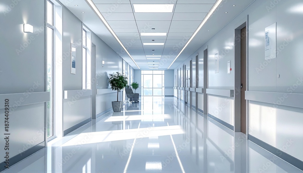 Fototapeta premium Modern empty hospital corridor with bright sunlight and polished floors in a clean medical facility