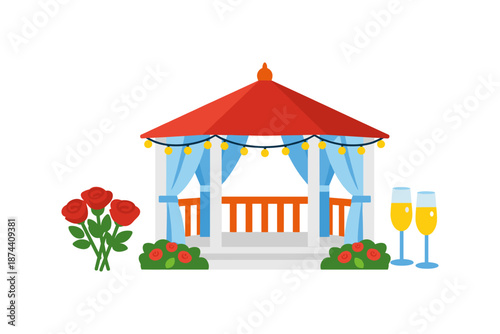 Romantic gazebo with red roof, draped curtains, roses, and champagne glasses