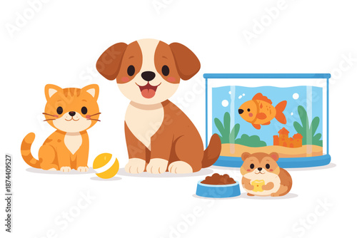 Cute pets collection with cat, dog, hamster, and fish tank in playful cartoon style