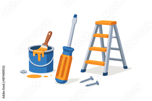 Home renovation tools: ladder, paint, screwdriver, nails in flat design