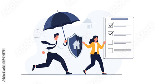 Dedicated insurance agent provides protection for a customer and her home using an umbrella and shield near a large checklist.