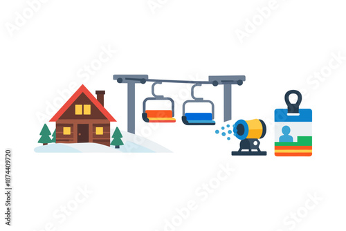 Winter ski resort elements with cable cars, chalet, and snow machine in flat design